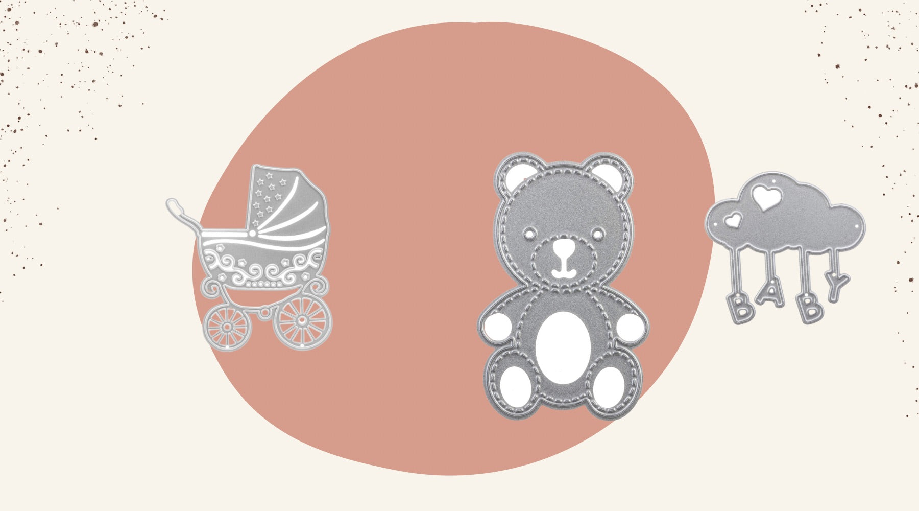 Ein Teddybär, ein Kinderwagen und eine Wolke.