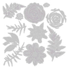 Verschiedene graue Umrissillustrationen von Blumen, Blättern und Laub auf Weiß, inspiriert von den Sizzix 666672 Thinlits Flowers & Fern 11pcs Set von Sizzix.