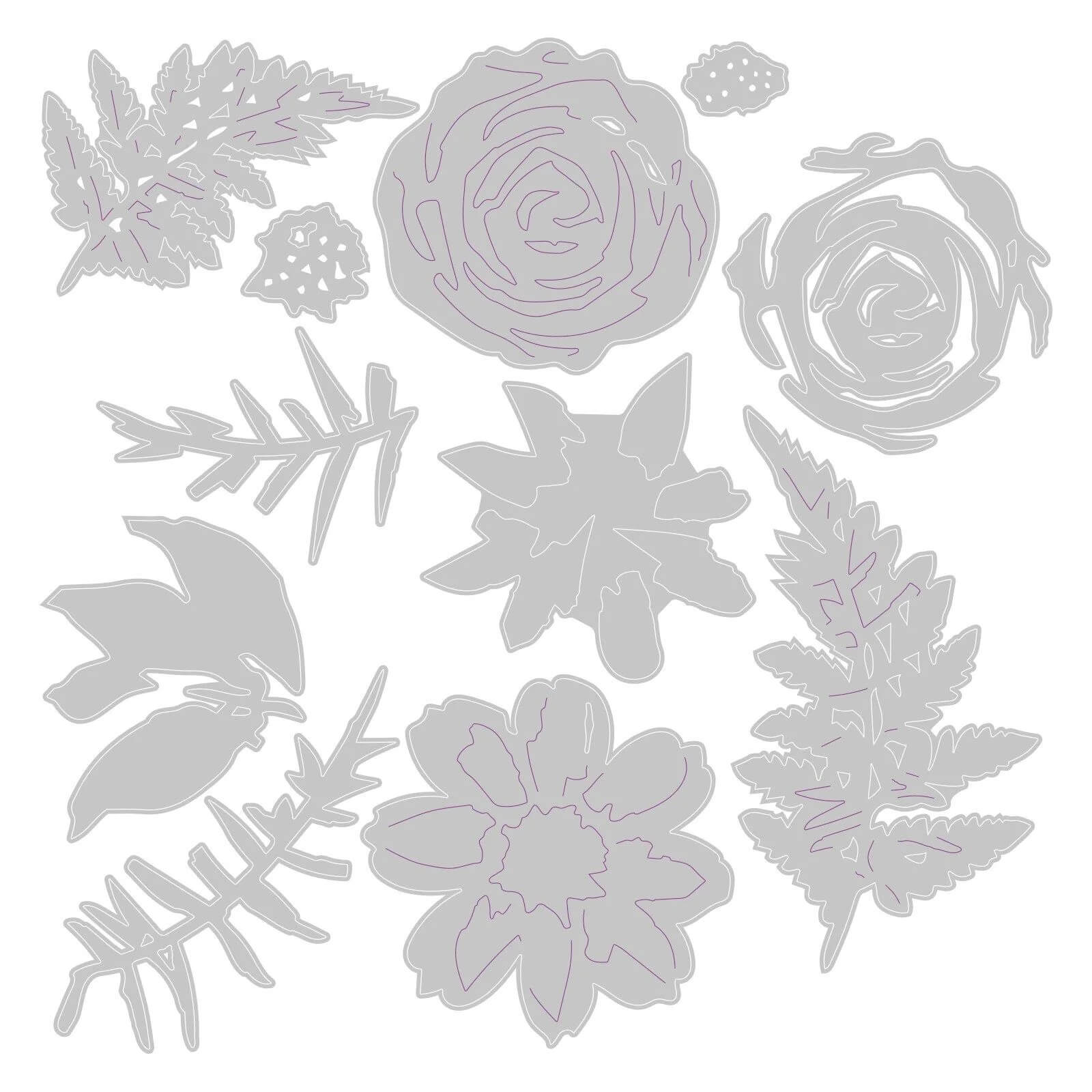 Verschiedene graue Umrissillustrationen von Blumen, Blättern und Laub auf Weiß, inspiriert von den Sizzix 666672 Thinlits Flowers & Fern 11pcs Set von Sizzix.