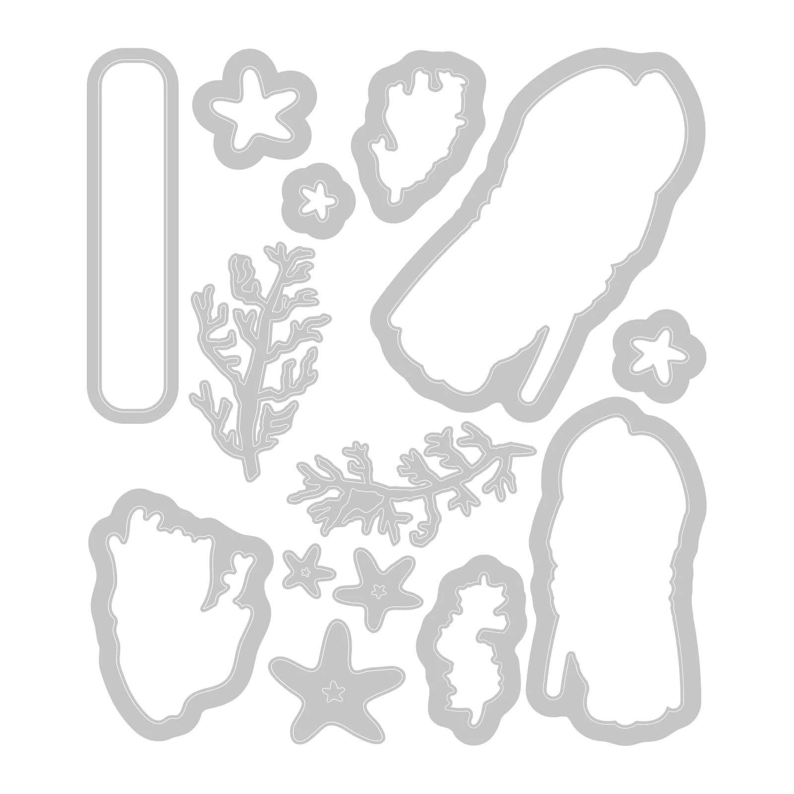 Verschiedene ausgestanzte Formen - Sterne, Blätter, Korallen und organische Formen - auf weißem Hintergrund. Ideal für die Verwendung mit dem Sizzix 666671 Framelits Stanzenset mit Stempeln You're my Lobster 24pcs von Sizzix, perfekt passend zum Thema.