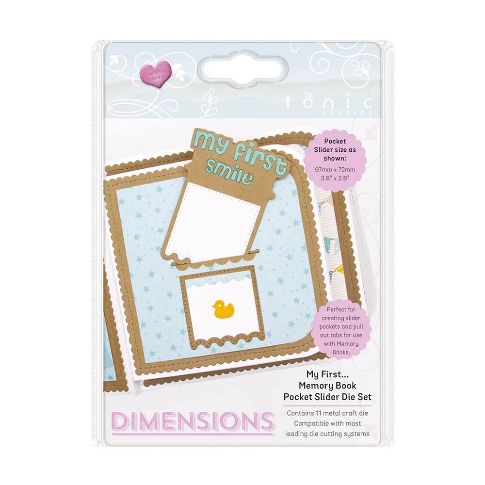 Ein Paket mit Tonic Studios • Dimensions Stanzschablonen-Set „My First Slider“-Karten für den ersten Schultag eines Babys und Erinnerungskarten.