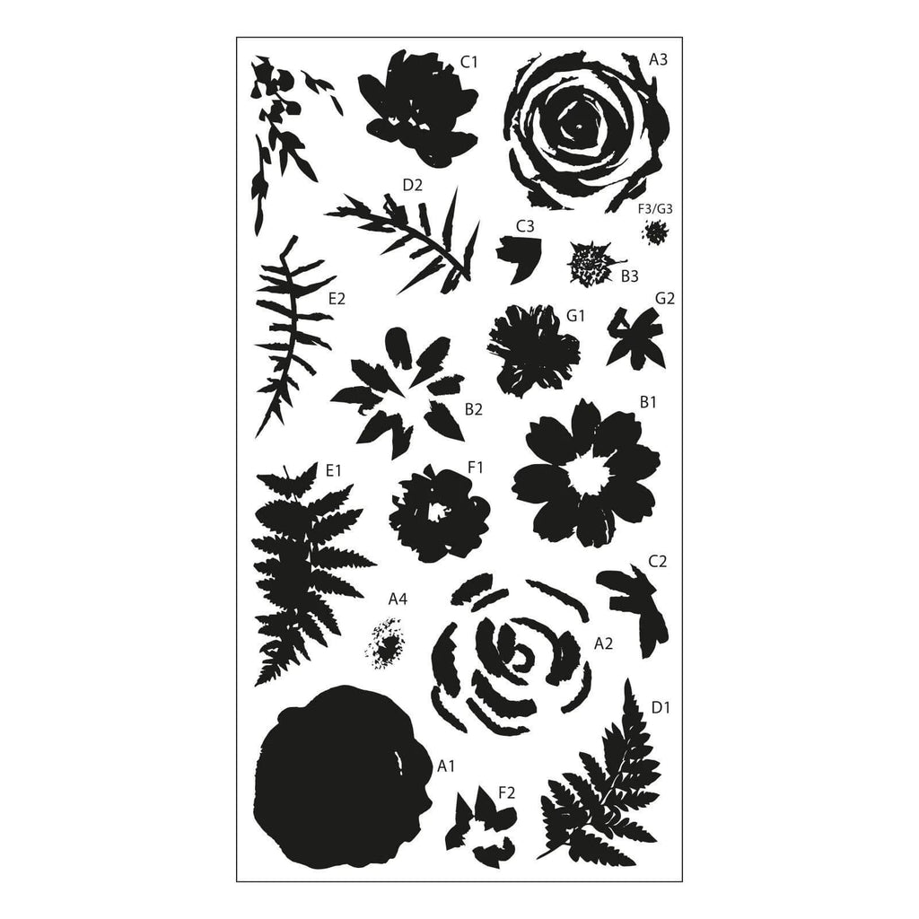 Das Sizzix Layered Clear Stamp Set Painted Florals 20-teilig bietet eine atemberaubende Sammlung schwarzer botanischer Silhouetten, darunter Blumen, Blätter und Farne auf weißem Hintergrund, die jeweils mit alphanumerischen Codes beschriftet sind. Dieses Bastelerlebnis von Sizzix ist perfekt für Bastelbegeisterte, die detaillierte Designs suchen.