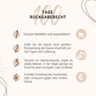Infografik: 100 Tage Rückgaberecht für Stanzenschop.de's Stanzschablone: Schriftzug Merry Christmas mit Ranken, mit Schritten für Bestellung, Rücksendung, Versandinformationen und Rückerstattung oder Umtausch - ideal für Ihren Bastelbedarf.
