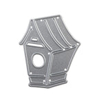 Die Stanzschablone: Vogel mit Haus von Stanzenshop.de ist eine flache, silberne Stanzform in Form eines stilisierten Vogelhauses mit Ausschnitten und kleinen Löchern - ideal für Bastelschablonen-Projekte oder Heimdekoration.