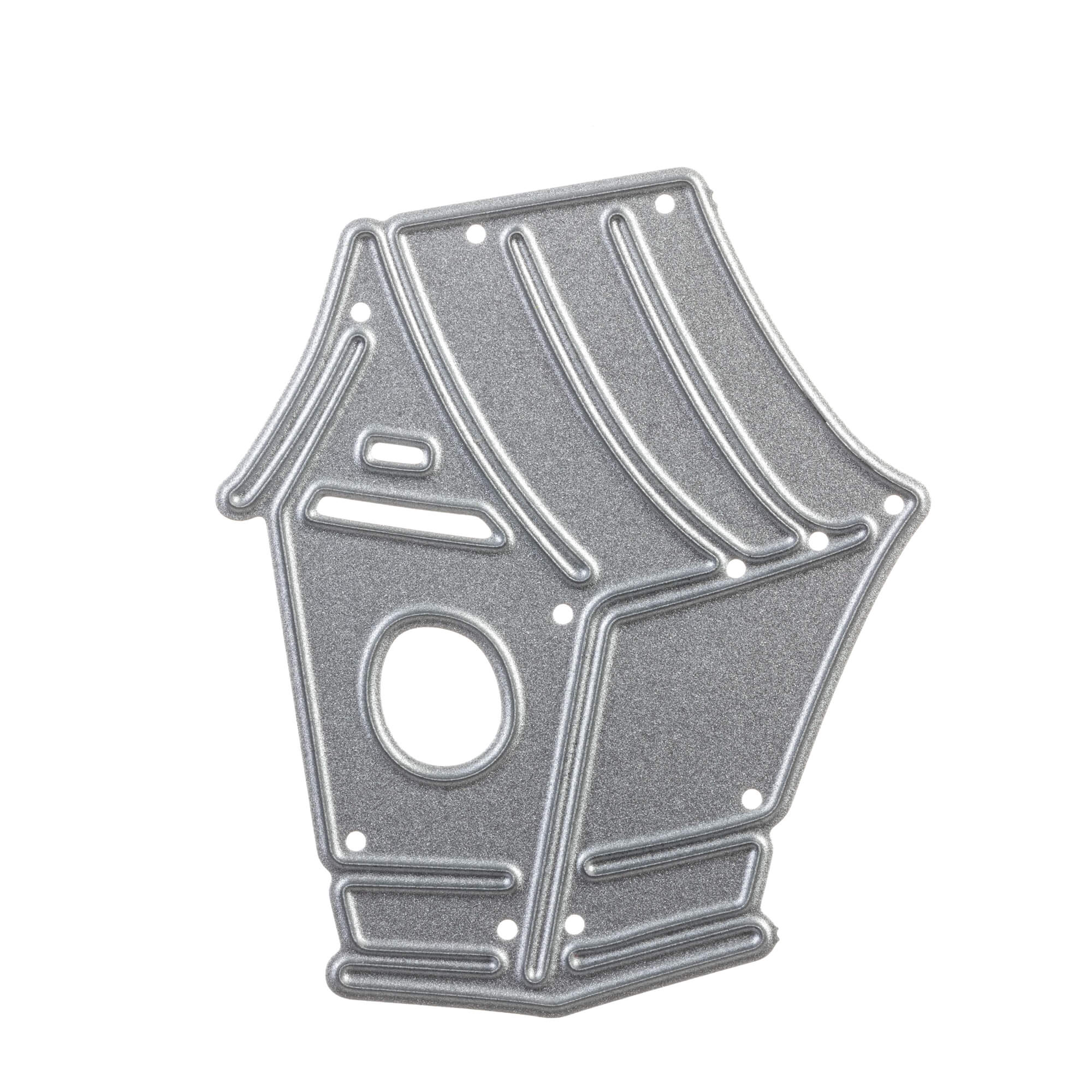 Die Stanzschablone: Vogel mit Haus von Stanzenshop.de ist eine flache, silberne Stanzform in Form eines stilisierten Vogelhauses mit Ausschnitten und kleinen Löchern - ideal für Bastelschablonen-Projekte oder Heimdekoration.