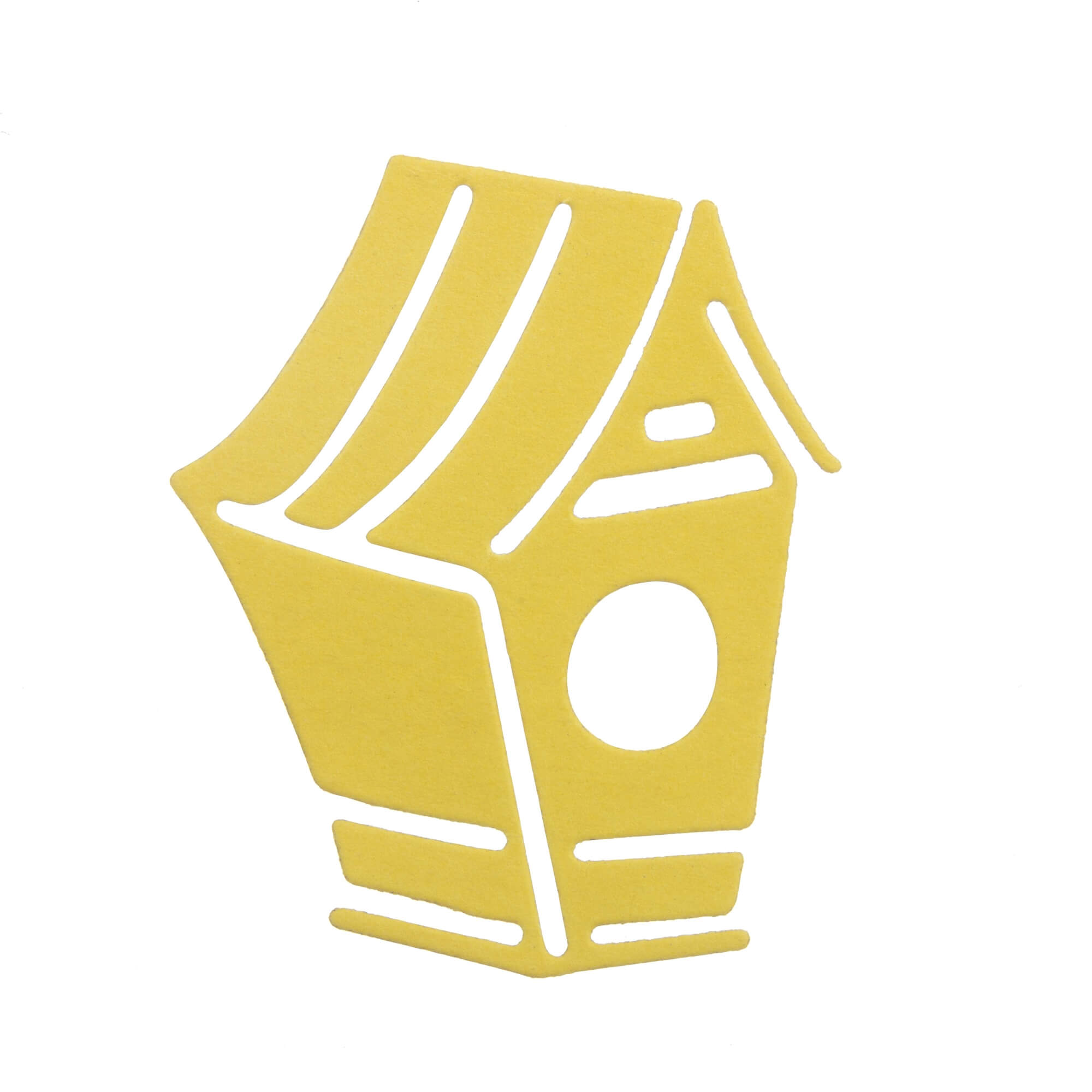 Die "Stanzschablone: Vogel mit Haus" von Stanzenshop.de zeigt einen gelben, geometrisch gestalteten Vogelhaus-Ausschnitt mit rundem Eingang - ideal als Heimdekoration oder Bastelschablone. Auf weißem Hintergrund isoliert.