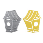 Eine silberne "Stanzschablone: Vogel mit Haus" von Stanzenshop.de und ein gelber Papierausschnitt sind nebeneinander auf weißem Grund abgebildet - ideal für Bastelschablonen-Projekte oder kreative Heimdekoration.