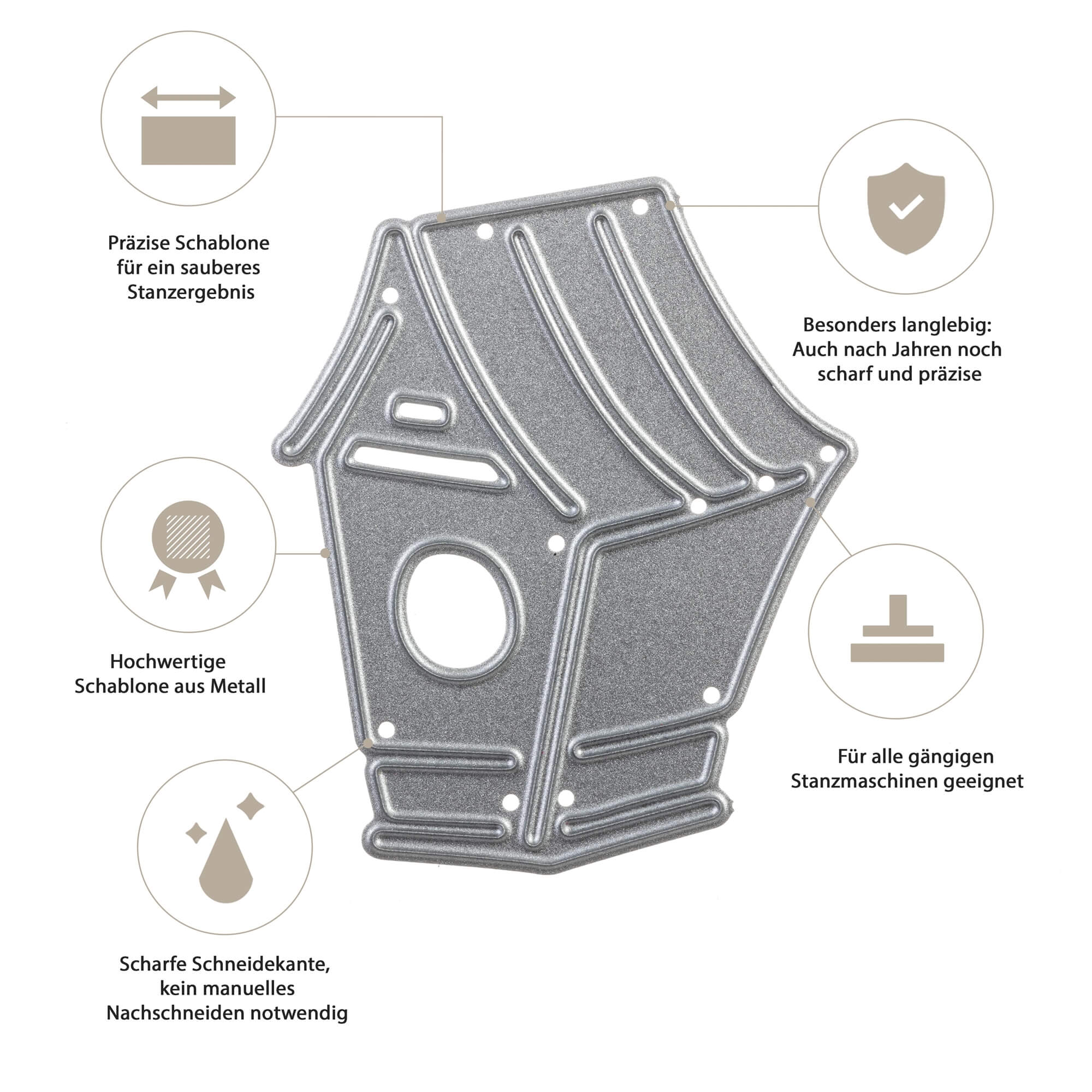 Die "Stanzschablone: Vogel mit Haus" von Stanzenshop.de zeichnet sich durch scharfe, haltbare Kanten und hohe Vielseitigkeit für Stanzmaschinen aus - ideal als Bastelschablone für kreative Heimdekoration.