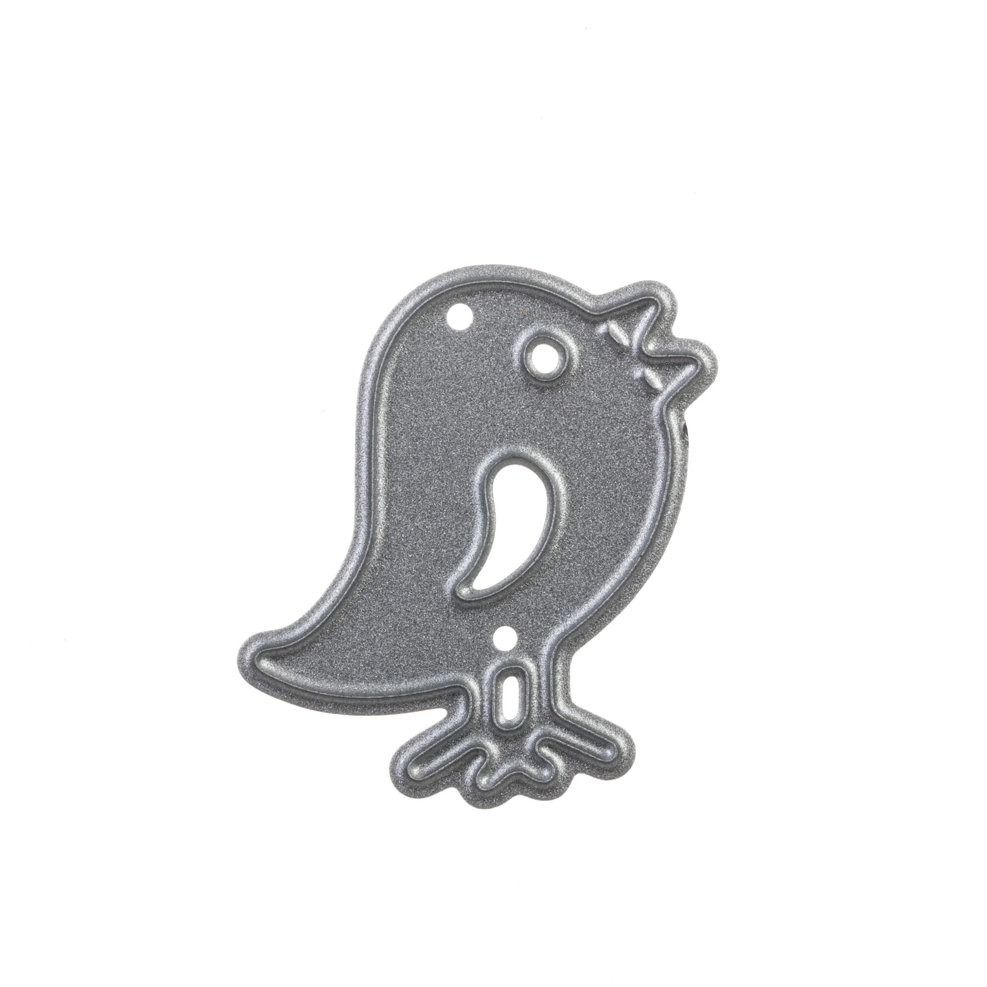 Die Stanzschablone "Vogel mit Haus" von Stanzenshop.de ist ein Metallstempel in Form eines Vogels mit Augen- und Flügelausschnitten - ideal für die Heimdekoration - auf weißem Hintergrund.