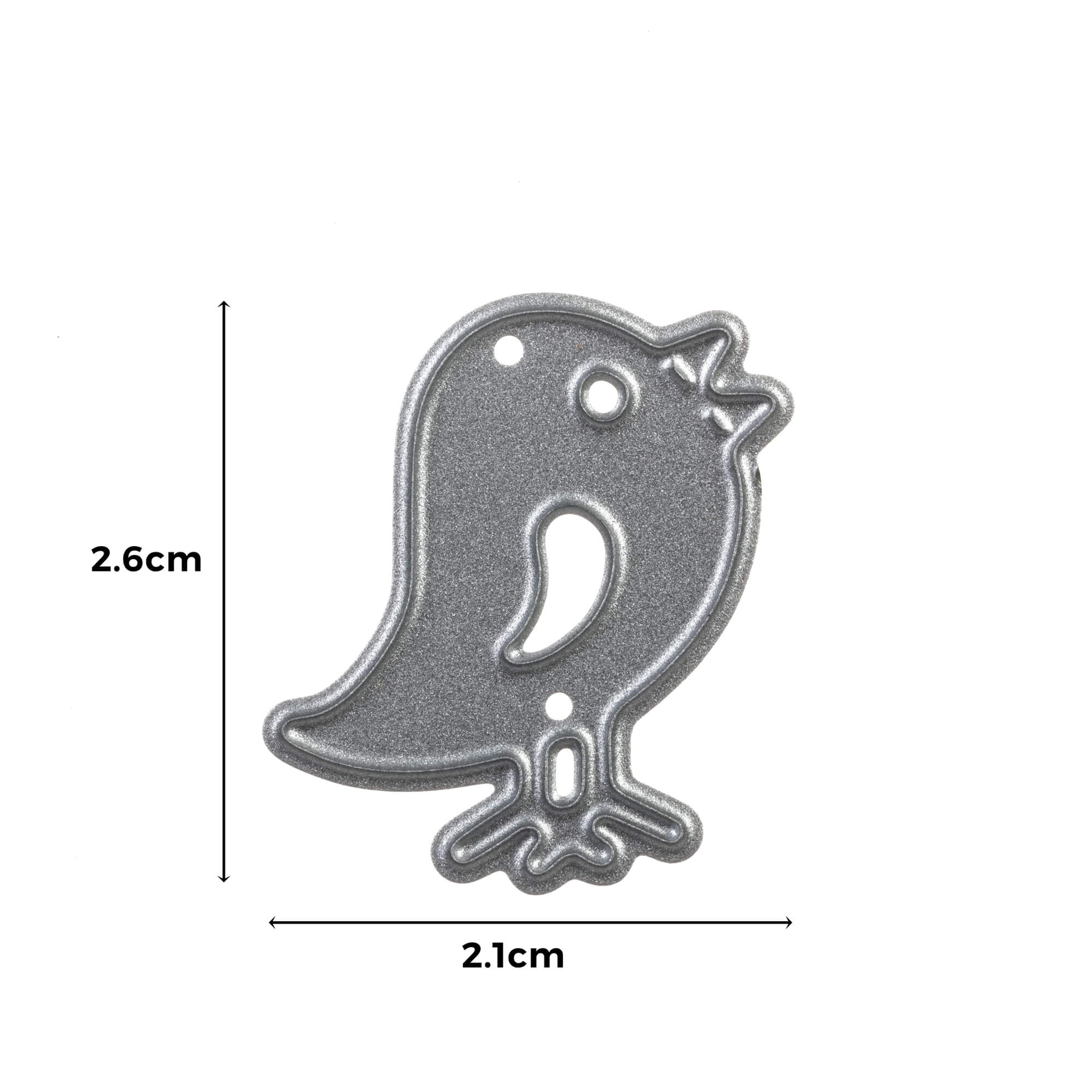 Die Stanzschablone: Vogel mit Haus von Stanzenshop.de ist eine metallische, vogelförmige Stanzform mit zwei Löchern, die 2,6 cm hoch und 2,1 cm breit ist - perfekt für kreative Dekorationsprojekte zu Hause.
