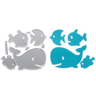 Die Stanzschablone Wal und drei Fische von Stanzenshop.de zeigt ein Wal- und drei Fischdesign mit passenden blauen Ausschnitten - ideal für Scrapbooking und kreative Bastelprojekte.