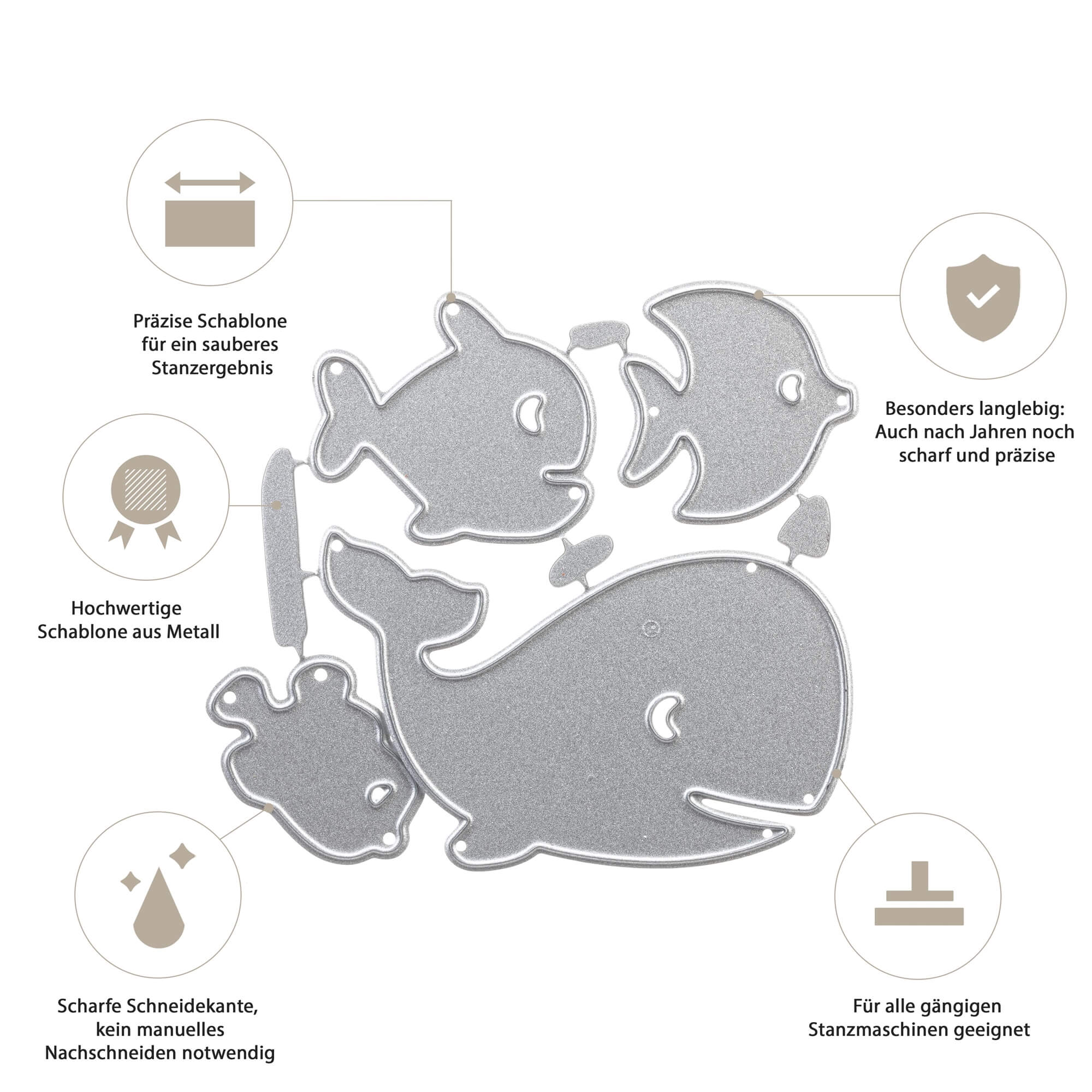 Stanzschablone Wal und drei Fische von Stanzenshop.de: Robuste, präzise Metallschablonen für Wal, Fisch & Krabbe-ideal fürs Scrapbooking. Deutscher Text betont Langlebigkeit, Kompatibilität & herausragendes Bastelergebnis.