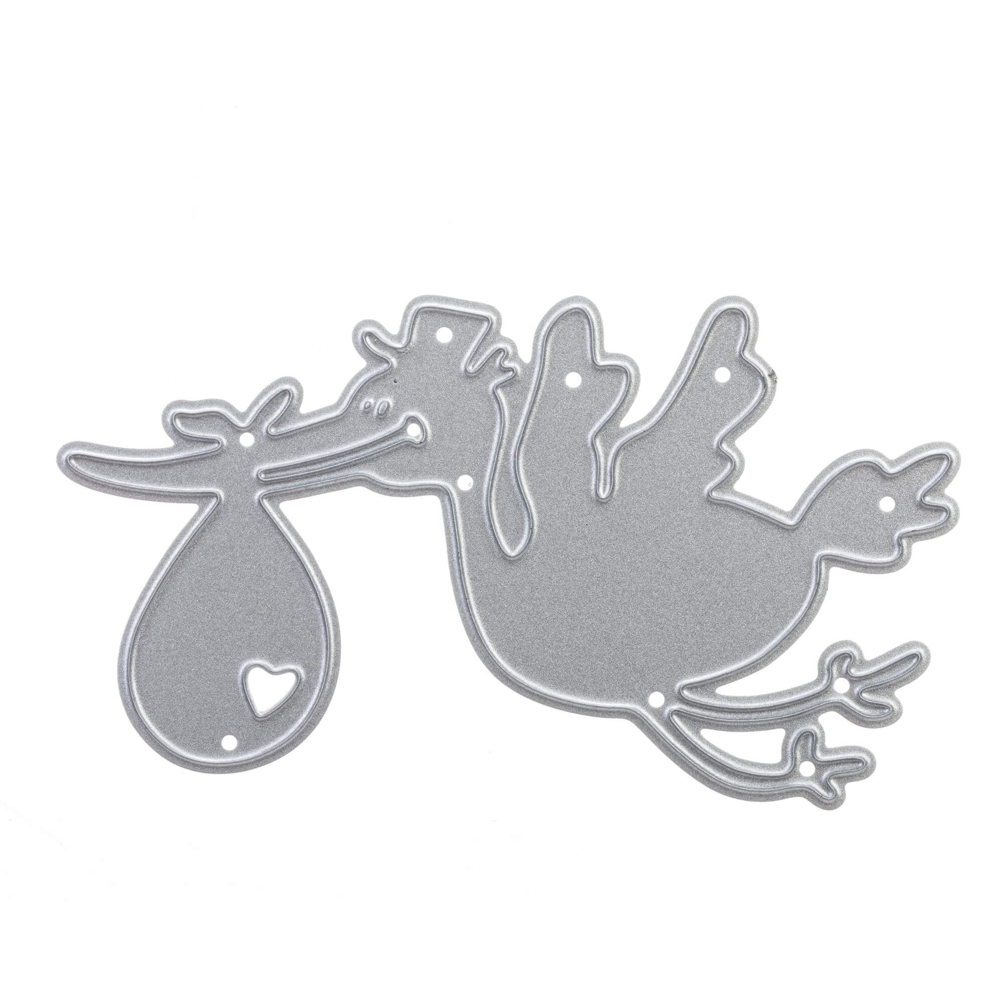 Die "Stanzschablone Storch mit Beutel im Schnabel" von Stanzenshop.de ist eine Metallstanze eines Storches, der ein Bündel mit Herz-Detail trägt - ideal für Basteln, Scrapbooking oder Kartenprojekte.