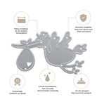 Die Stanzschablone Storch mit Beutel im Schnabel von Stanzenshop.de ist eine Präzisionsmetallschablone für Scrapbooking und Basteln, die sich durch scharfe Kanten, langlebiges Material, hochwertige Verarbeitung und volle Schneidemaschinenkompatibilität auszeichnet.