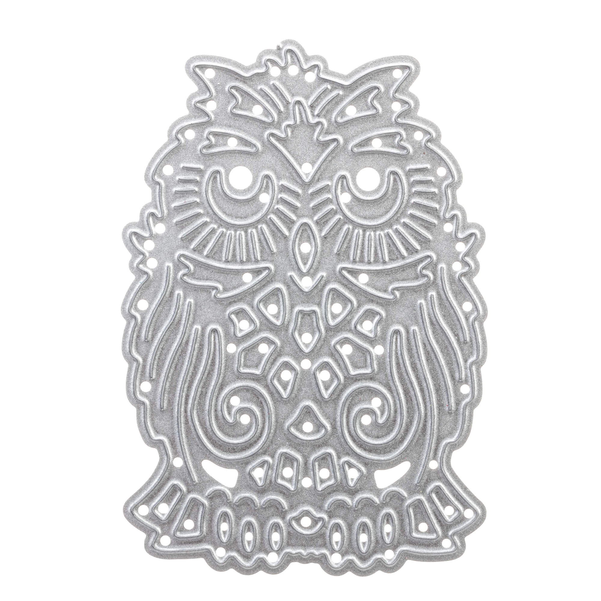 Die Stanzschablone: Eule von Stanzenshop.de ist eine silberne, detailreiche Metallstanze in Form einer Eule - ideal als Bastelschablone für kreative Scrapbooking- oder Bastelprojekte.