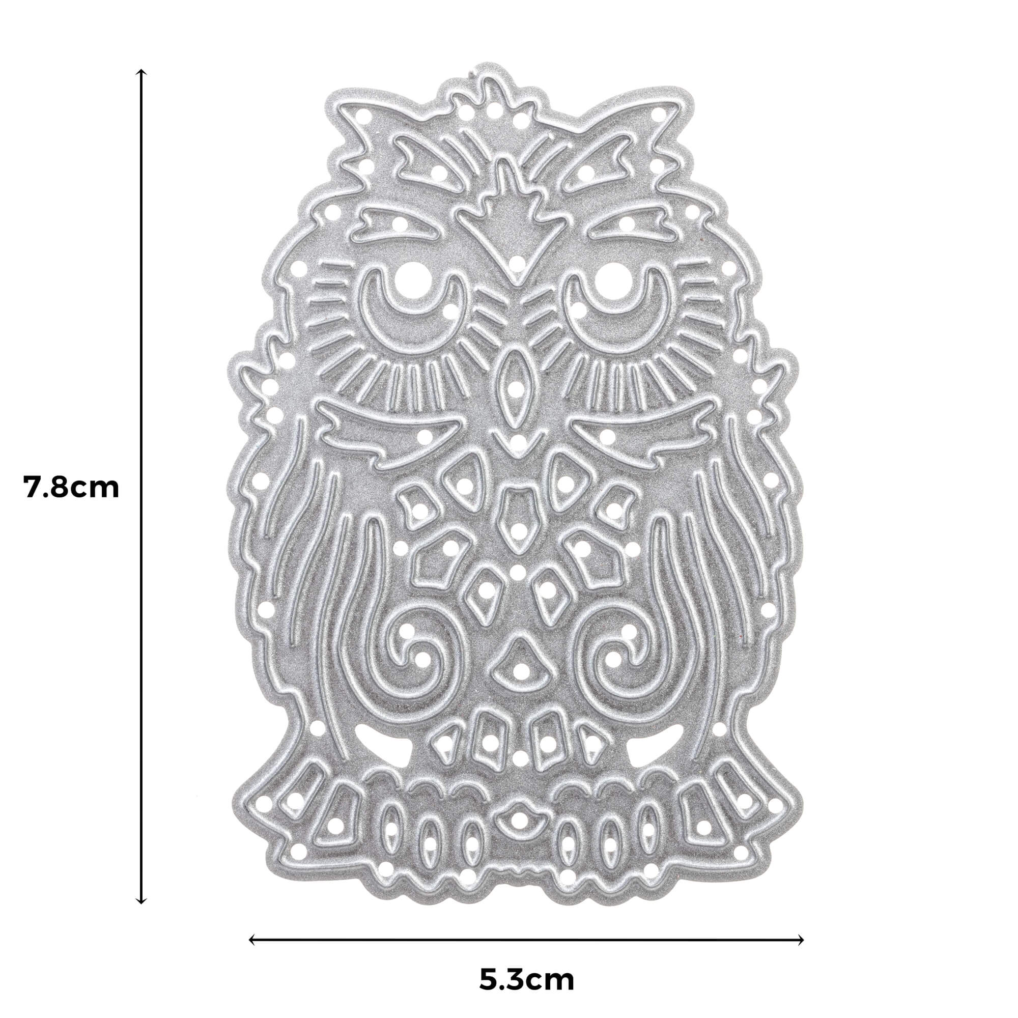 Die Stanzenshop.de Stanzschablone: Eule ist ein silberner Metallstempel (7,8 cm x 5,3 cm) mit filigranen Mustern, ideal für Scrapbooking oder als Bastelschablone/Stanzschablone Eule. Die Abmessungen sind auf dem Bild deutlich angegeben.