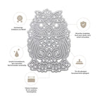 Die Stanzenshop.de Stanzschablone: Eule, eine Metallic-Eulenstanze, wird in der Mitte mit deutschem Text und Symbolen gezeigt, die ihre Haltbarkeit, ihre scharfen Kanten und ihre Kompatibilität mit gängigen Stanzmaschinen hervorheben - ideal für Scrapbooking.