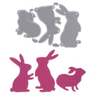 Die "Stanzschablone: Drei verschiedene Kaninchen" von Stanzenshop.de besteht aus drei Metallhasenstempeln und drei rosa Hasenausschnitten - ideal für Basteln zu Ostern - auf weißem Hintergrund.