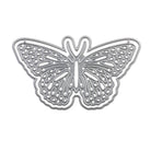 Die Stanzschablone Schmetterling mit extra Umriss von Stanzenshop.de aus silbernem Metall überzeugt mit filigranem Muster und symmetrischen Flügeln, perfekt zum Basteln, Scrapbooking und kompatibel mit gängigen Stanzmaschinen.