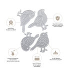 Die Stanzschablone Vier verschiedene Vögel von Stanzenshop.de wird mit Symbolen und deutschem Text gezeigt, die ihre Qualität, Schärfe, Haltbarkeit und Verwendung für Stanzen Scrapbooking und Prägemaschinen hervorheben.