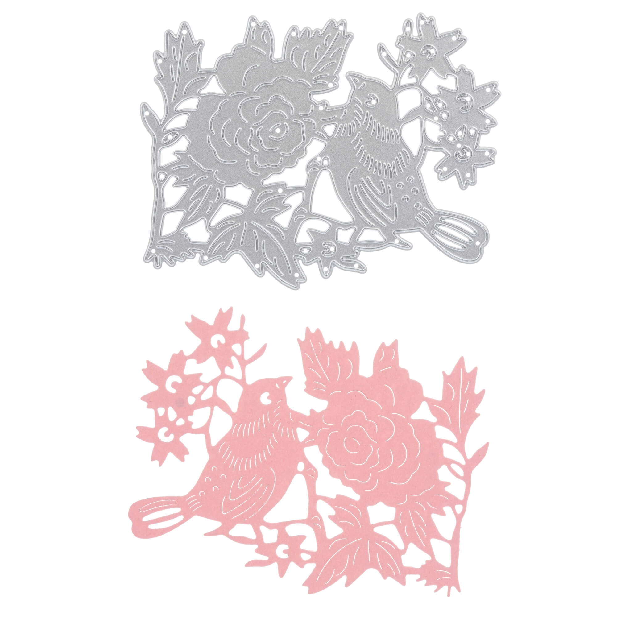 Die Stanzschablone: Vogel auf einem Ast mit Blüten von Stanzenshop.de bietet zwei Motive - Vögel auf einem Ast mit Blüten in Metallic-Silber und Hellrosa - ideal, um Scrapbooking- oder Cardmaking-Projekten eine stilvolle Note zu verleihen.