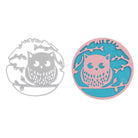 Die Stanzschablone "Eule auf einem Ast" von Stanzenshop.de und ein pink-blaues Papiermotiv zeigen beide eine Eule auf einem Ast im runden Rahmen.
