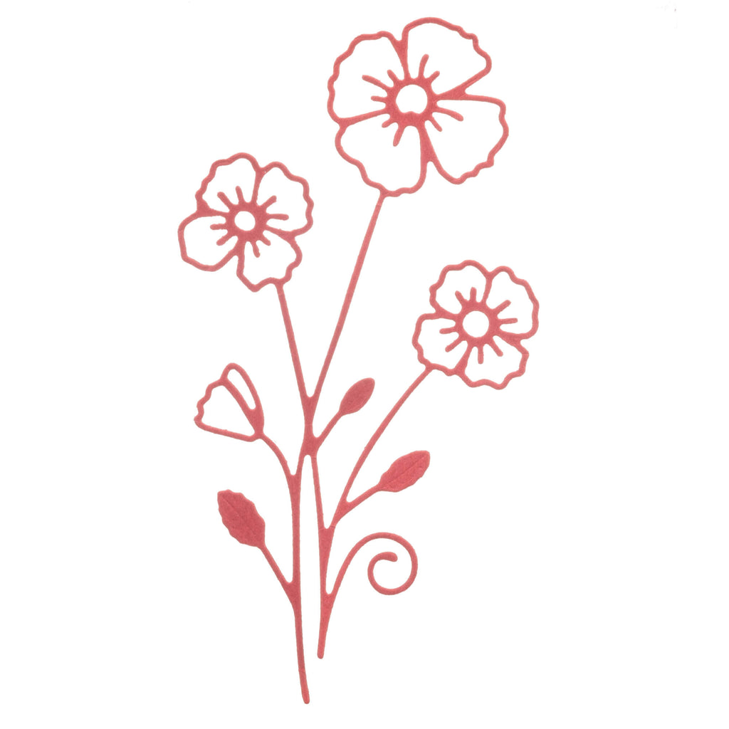 Illustration einer stilisierten Stanzschablone Blume mit drei Blüten auf Stielen mit Blättern von Stanzenshop.de.