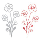 Zwei Designs von Stanzenshop.de: die "Stanzschablone Blume mit drei Blüten" als silberne Kontur mit Blättern und Wirbeln sowie eine einfarbig rosa Version auf Weiß - ideal für Bastelprojekte.