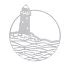Silberner Umriss von Leuchtturm und Meer in rundem Rahmen - ideal zum Basteln oder Scrapbooking mit der "Stanzschablone Leuchtturm und Meer in rundem Rahmen" von Stanzenshop.de.