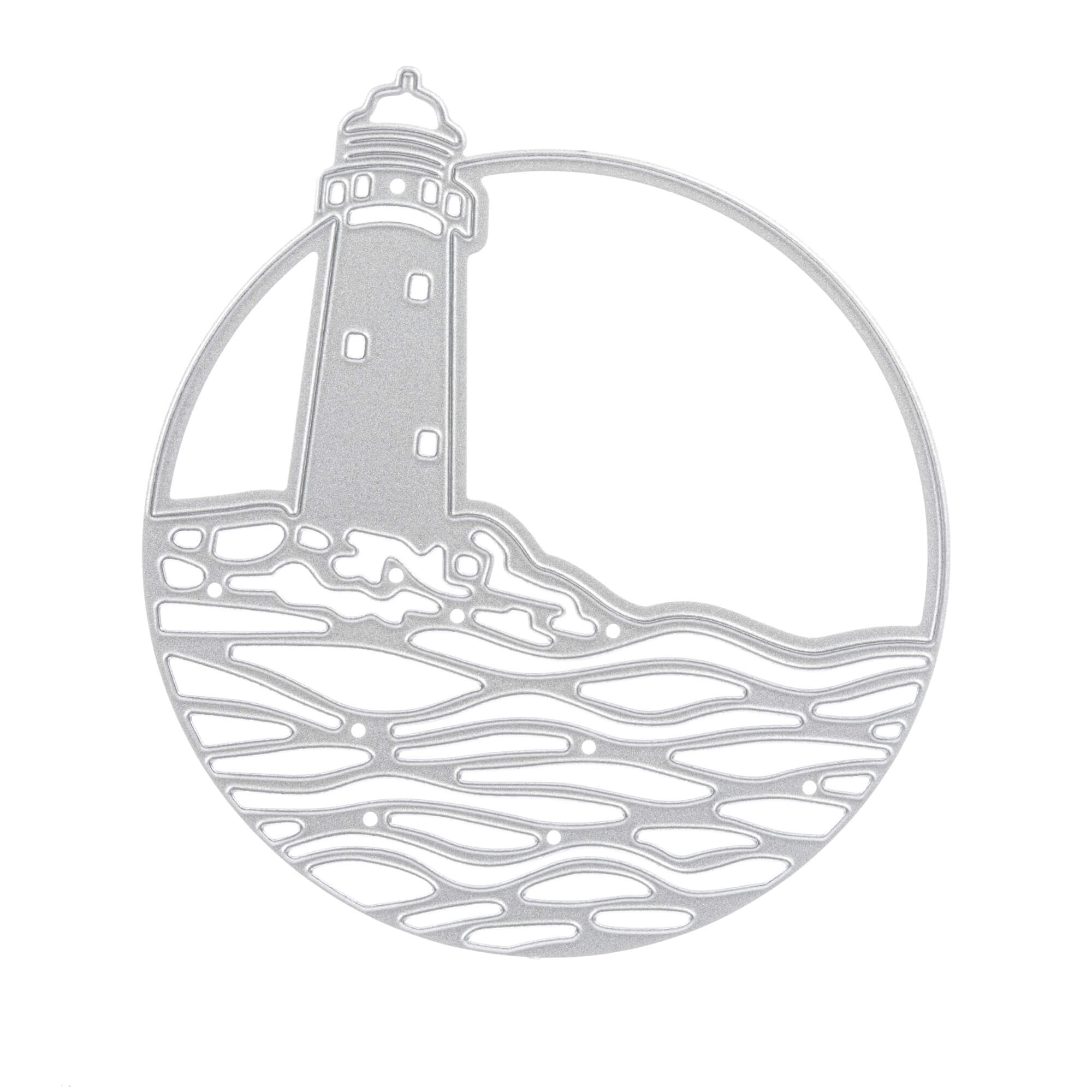 Silberner Umriss von Leuchtturm und Meer in rundem Rahmen - ideal zum Basteln oder Scrapbooking mit der "Stanzschablone Leuchtturm und Meer in rundem Rahmen" von Stanzenshop.de.