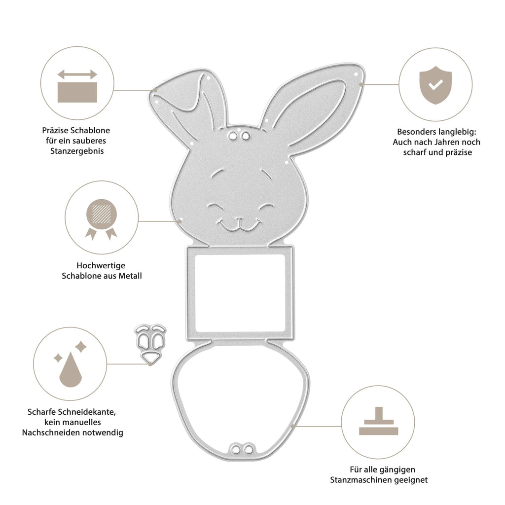 Ein Diagramm einer Stanzschablone aus Metall in Hasenform: „Osterhase Aufsteller“ von Stanzenshop.de mit deutschem Text, der auf verschiedene Merkmale und Vorteile hinweist, wie Präzision, Haltbarkeit und Eignung für Schneidemaschinen – eine perfekte Ergänzung für jedes Bastelset.