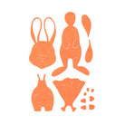 Die Stanzschablone: Bastelset Osterhase von Stanzenshop.de zeigt orangefarbene Schaumstoffausschnitte von Hasenkörperteilen - ideal für Scrapbooking und kreative Projekte zu Ostern - arrangiert auf weißem Hintergrund.