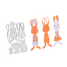 Auf der linken Seite sind die Stanzschablone von Stanzenshop.de zu sehen: Bastelset Osterhase, rechts drei fertige orange- und lilafarbene Hasen aus Papier für Scrapbooking- oder Osterprojekte.