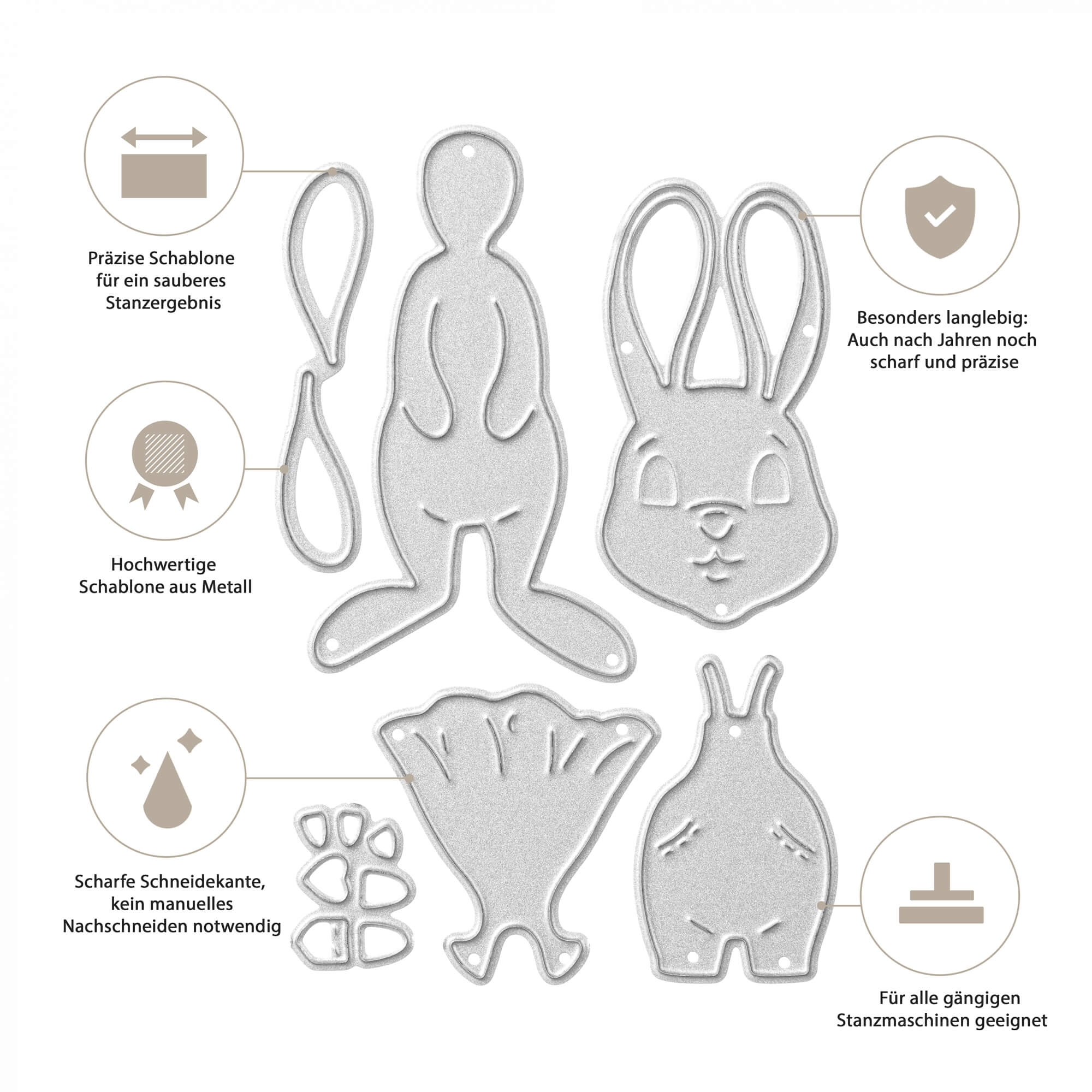 Die Stanzschablone: Bastelset Osterhase von Stanzenshop.de enthält Hasen-, Ohren-, Pfoten- und Kleidungsstempel aus Metall - präzise geschnitten, haltbar, scharf und kompatibel mit Stanzmaschinen; perfekt für Scrapbooking.