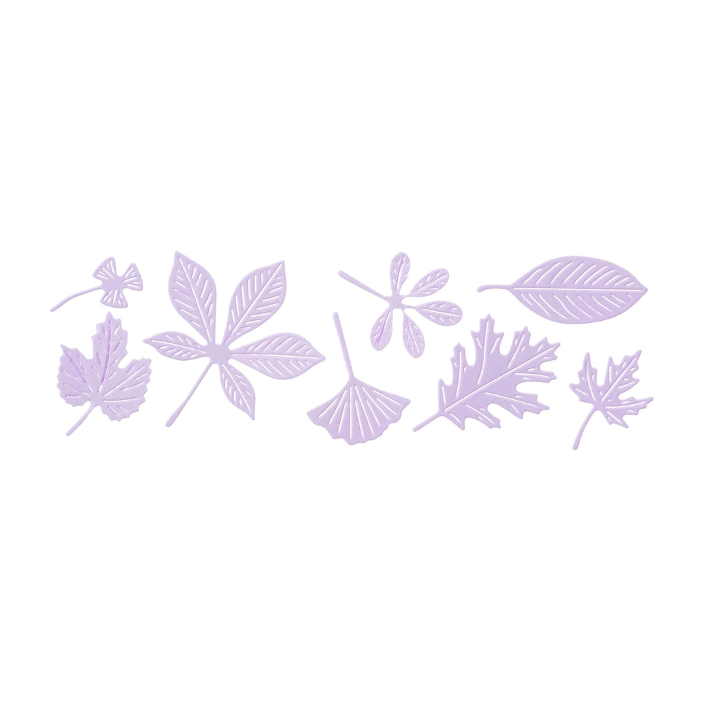 Eine Sammlung verschiedener Blattillustrationen, erstellt mit der Stanzschablone von Stanzenshop.de: Acht Blätter als einzelne Stanzen, in einer Reihe mit einem monochromatischen violetten Farbschema angezeigt.