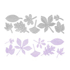 Die "Stanzschablone: Acht Blätter als einzelne Stanzen" von Stanzenshop.de zeigt blattförmige Stanzformen aus Metall für Scrapbooking und Basteln, die über passenden lilafarbenen Papierausschnitten auf weißem Hintergrund zu sehen sind.