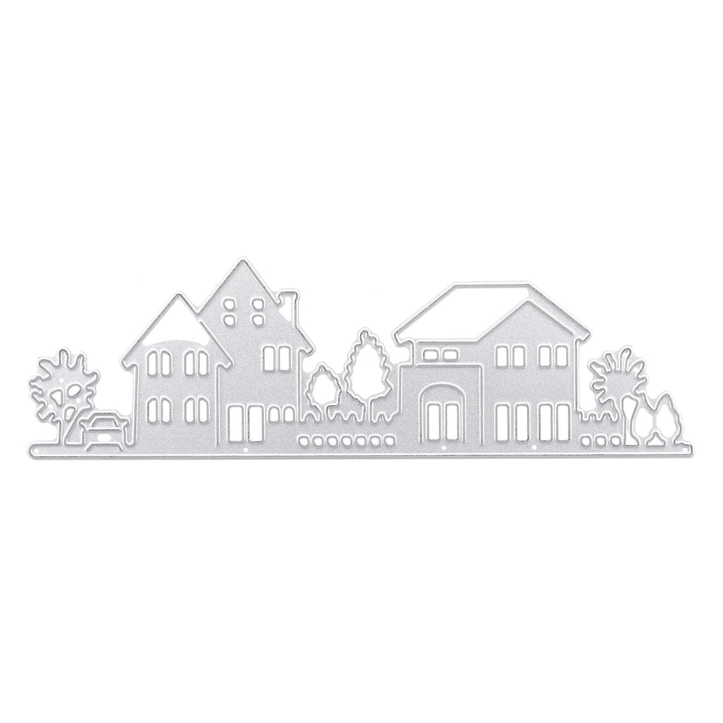 Eine silberfarbene Stanzschablone, ideal für Stanzmaschinen, mit einer Reihe von Häusern und Bäumen von Stanzenshop.de.