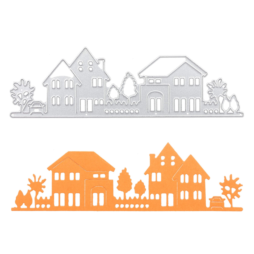 Zwei Sets von Scherenschnitten zum Thema Häuser, entworfen für Stanzenshop.de, eines in Orange und eines in Weiß, mit aufwendigen Details und Bäumen.