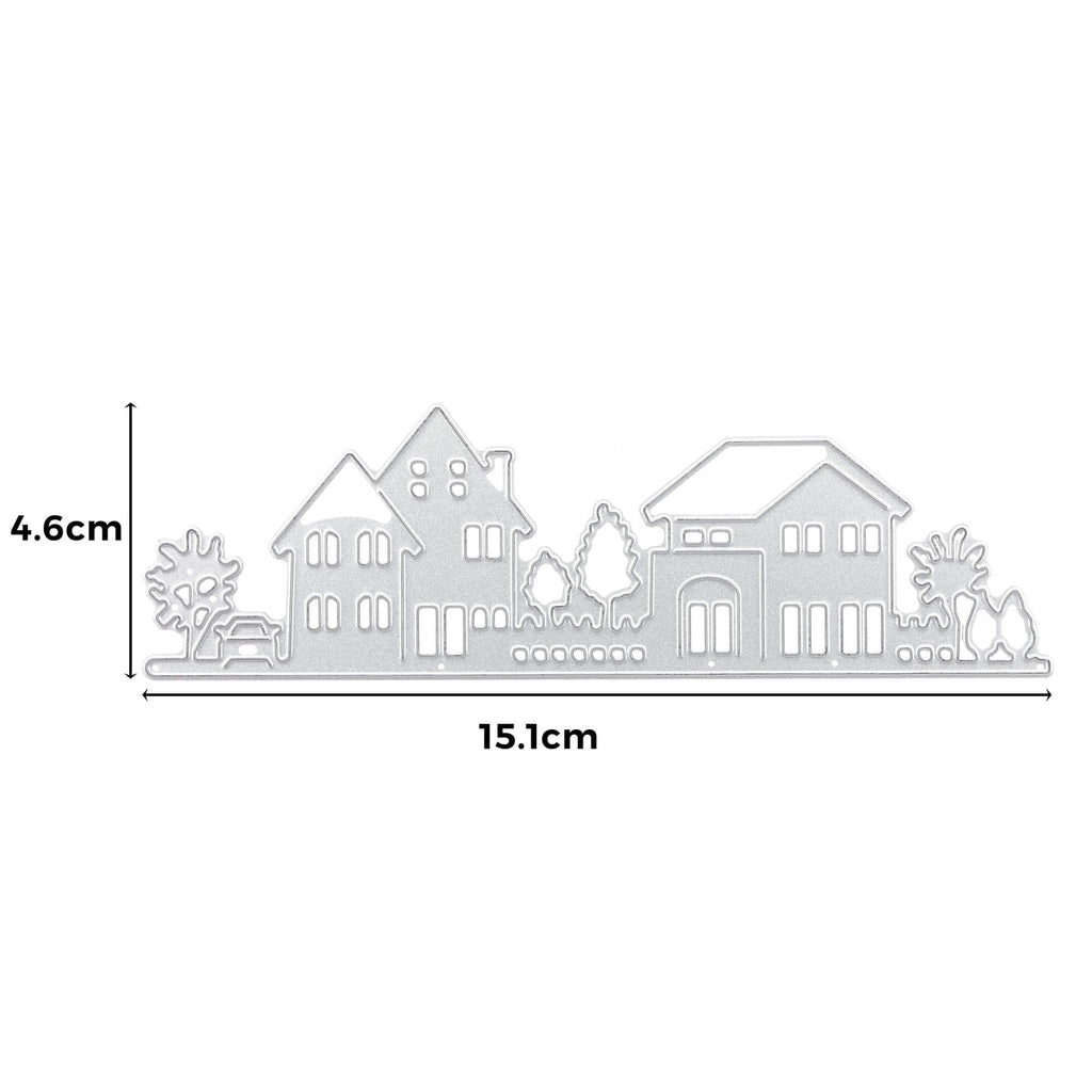 Eine Strichzeichnung einer Vorstadtlandschaftssilhouette mit Stanzschablone: Kleinstadt mit Bäumen von Stanzenshop.de, mit einer Höhe von 4,6 cm und einer Breite von 15,1 cm.