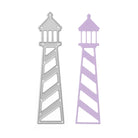 Zwei leuchtturmförmige Stanzteile aus der Stanzschablone Großer Leuchtturm von Stanzenshop.de, in Silbermetallic und Hellviolett, werden nebeneinander präsentiert - idealer Bastelbedarf für Scrapbooking oder als Stanzschablone Leuchtturm in kreativen Projekten.