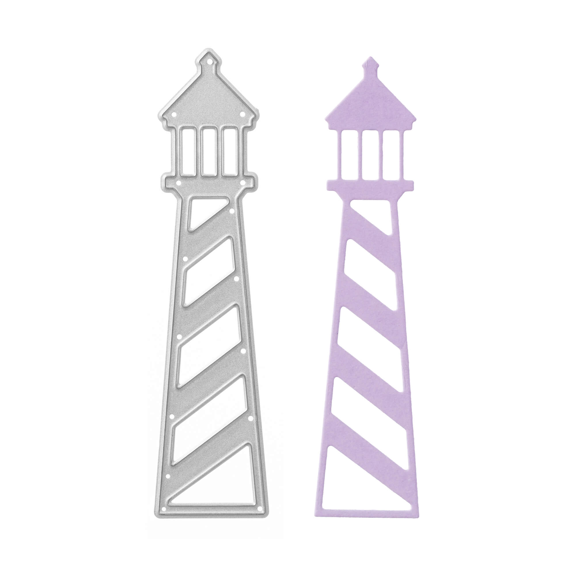 Zwei leuchtturmförmige Stanzteile aus der Stanzschablone Großer Leuchtturm von Stanzenshop.de, in Silbermetallic und Hellviolett, werden nebeneinander präsentiert - idealer Bastelbedarf für Scrapbooking oder als Stanzschablone Leuchtturm in kreativen Projekten.