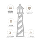 Die Stanzschablone Großer Leuchtturm von Stanzenshop.de steht im Mittelpunkt, mit Icons, die ihre Präzision, Haltbarkeit, Schärfe und Kompatibilität zeigen - ideal für Scrapbooking und Bastelbedarf mit Standard-Stanzmaschinen.