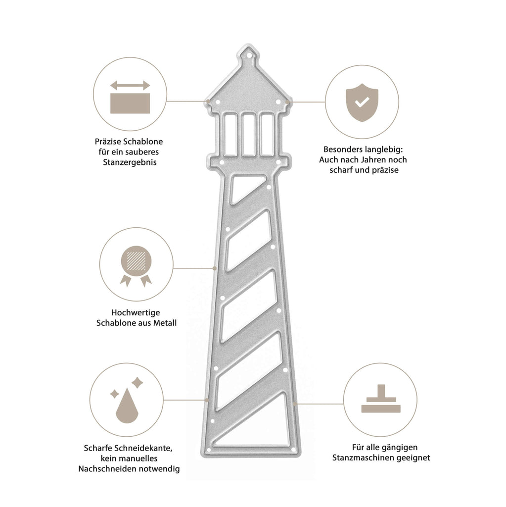 Abbildung einer Stanzenshop.de Stanzschablone Großer Leuchtturm mit beschreibenden Symbolen, die auf präzise Schnittkanten, langlebiges Design, hochwertige Metallkonstruktion und Kompatibilität mit gängigen Stanzformen hinweisen.