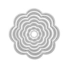 Eine symmetrische, mehrschichtige Blumenform mit Wellenkanten und gepunkteten Details auf weißem Hintergrund - ideal für Scrapbooking oder Basteln mit der Stanzschablone: Blumenblüten in sieben verschiedenen Größen von Stanzenshop.de.