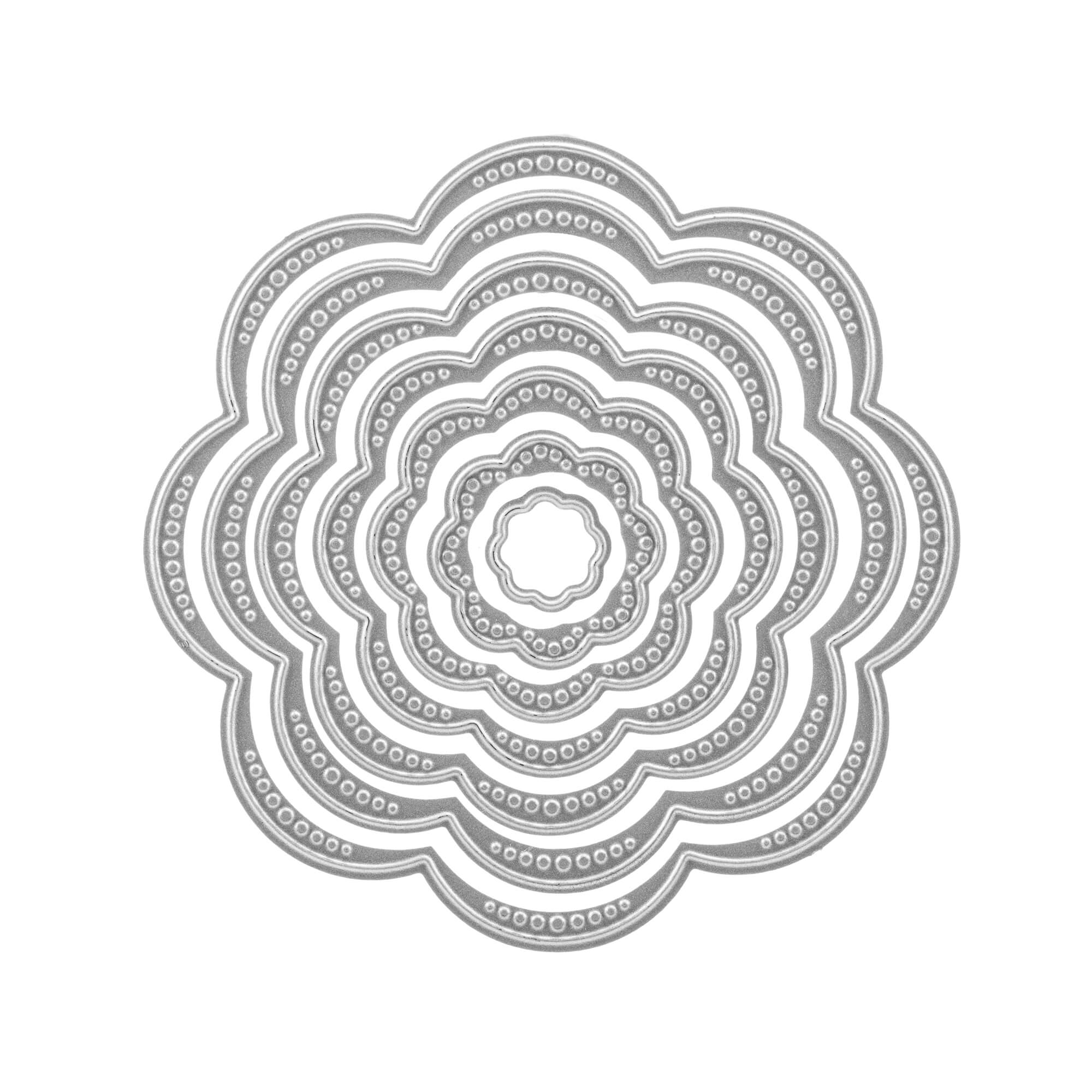 Eine symmetrische, mehrschichtige Blumenform mit Wellenkanten und gepunkteten Details auf weißem Hintergrund - ideal für Scrapbooking oder Basteln mit der Stanzschablone: Blumenblüten in sieben verschiedenen Größen von Stanzenshop.de.