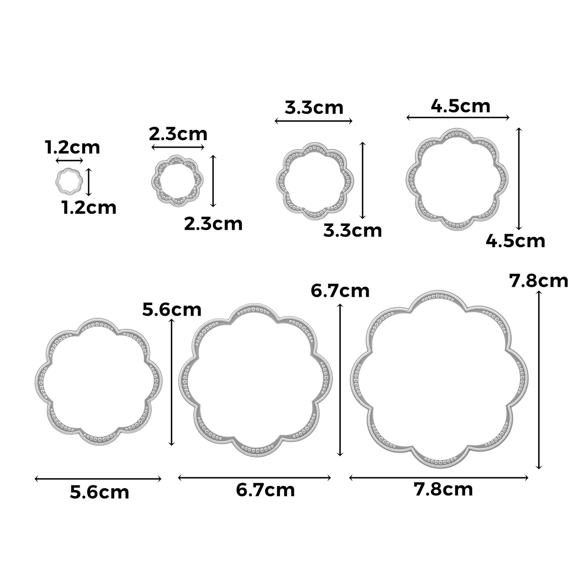 Diagramm mit sieben ineinander geschachtelten Blüten, beschriftet von 1,2 cm bis 7,8 cm Durchmesser-perfekt zum Basteln und Scrapbooking mit der Stanzschablone: Blumenblüten in sieben verschiedenen Größen von Stanzenshop.de.
