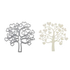 Die Stanzschablone: Baum mit Herzen von Stanzenshop.de zeigt zwei Baumausschnitte mit herzförmigen Blättern, in Metallic-Silber und Creme - ideal für Scrapbooking- oder Bastelprojekte.