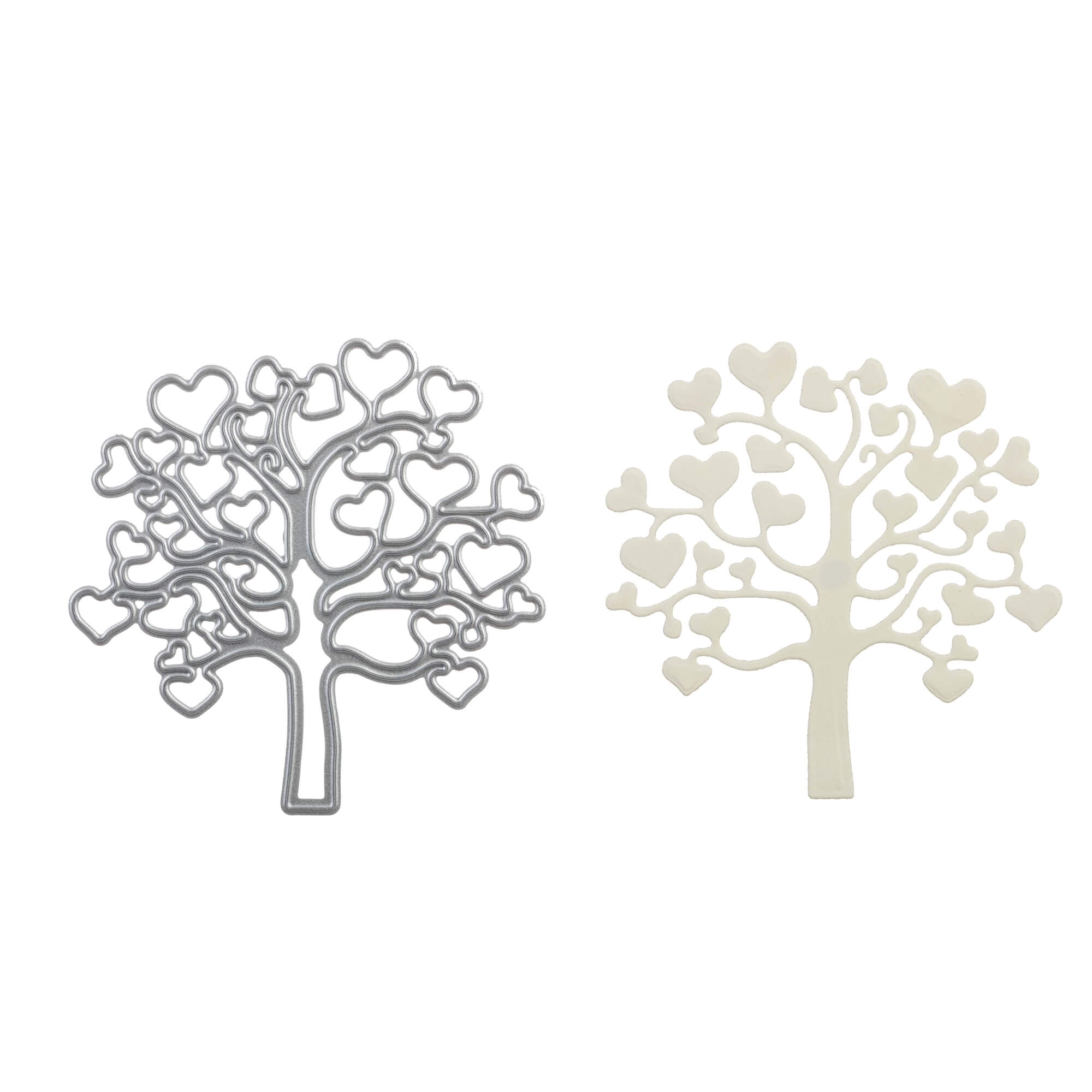 Die Stanzschablone: Baum mit Herzen von Stanzenshop.de zeigt zwei Baumausschnitte mit herzförmigen Blättern, in Metallic-Silber und Creme - ideal für Scrapbooking- oder Bastelprojekte.