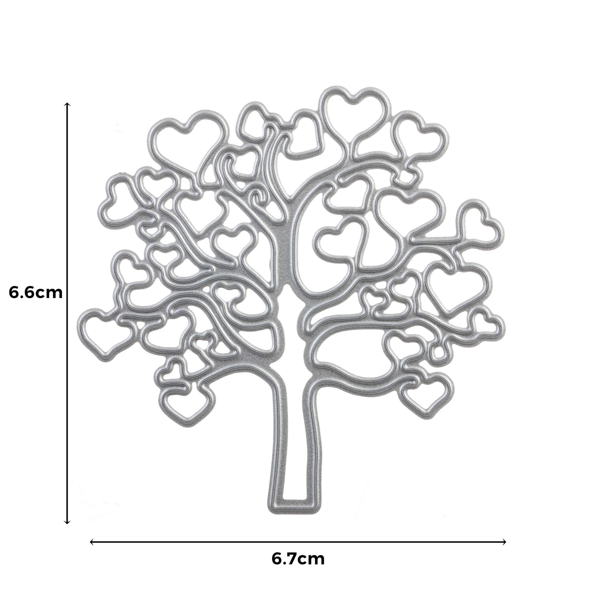 Die Stanzenschablone: Baum mit Herzen von Stanzenshop.de ist eine silberne Metallstanze in Baumform mit Herzblättern, ideal zum Basteln und Scrapbooking. Größe: 6,6 cm x 6,7 cm.