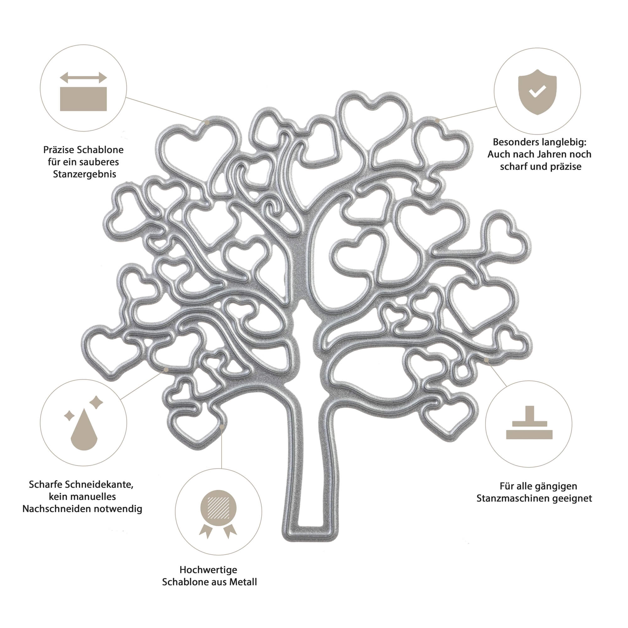 Die Stanzschablone: Baum mit Herzen von Stanzenshop.de ist eine Stanzschablone aus Metall in Form eines Baumes mit Herzblättern - ideales Bastelzubehör für kreatives Scrapbooking.